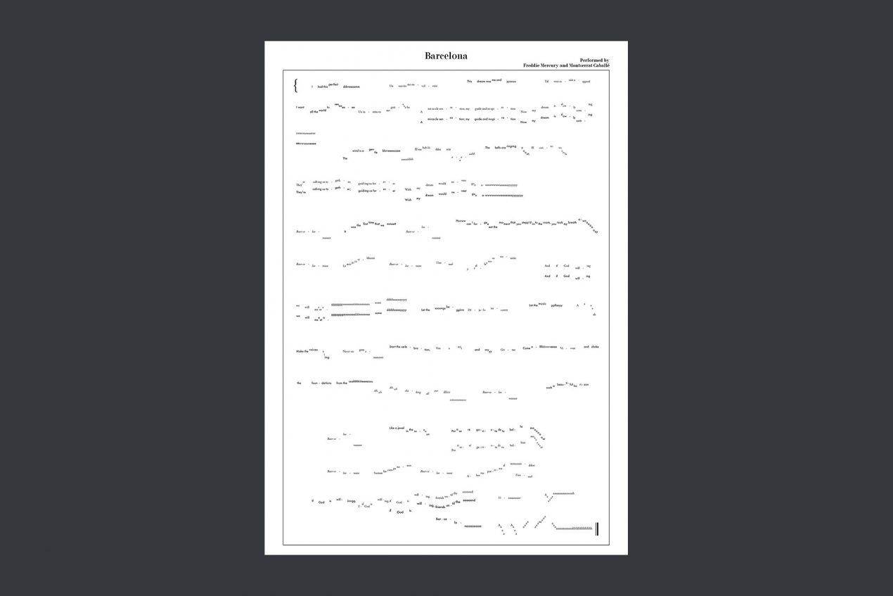 Typographic poster of the song Barcelona. The words are placed as they were notes on a sheet music.
