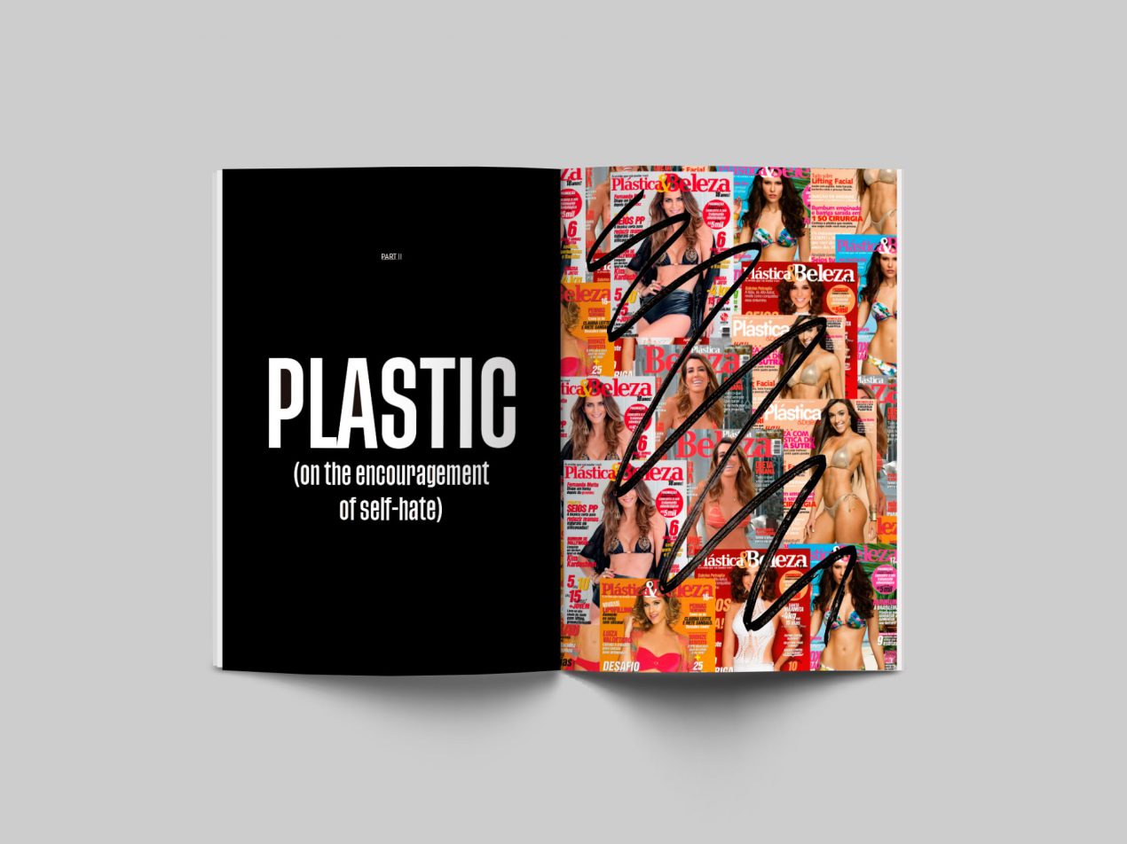 Beginning of chapter 2: Plastic (on the encouragement of self-hate). Covers from the Brazilian magazine "Plástica e Beleza", which encourages plastic surgery.